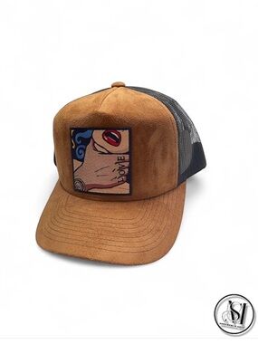 Brown Suede Trucker Hat with Graphic Pop “Love” Art Trucker Hat